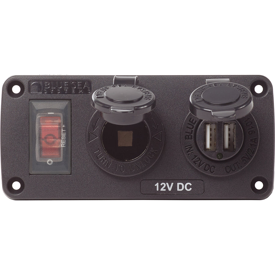 Blue Sea 4363 Water Resistant USB Accessory Panels  15A Circuit Breaker 12V Socket 21A Dual USB Charger 4363