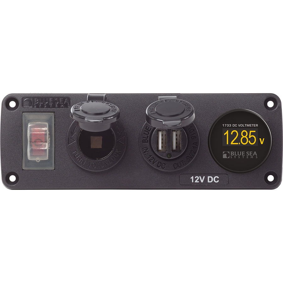 Blue Sea 4366 Water Resistant USB Accessory Panel  Circuit Breaker 12V Socket Dual USB Charger Mini Voltmeter 4366