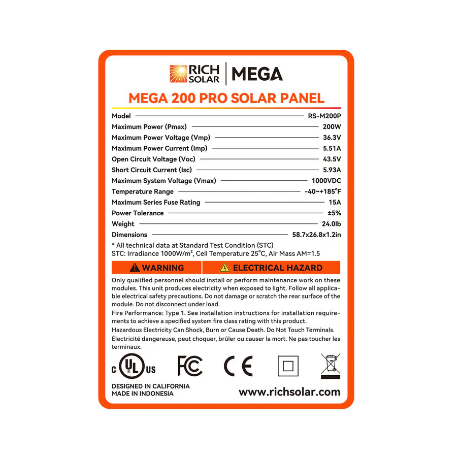 MEGA 200 PRO | 200 Watt 24v Solar Panel