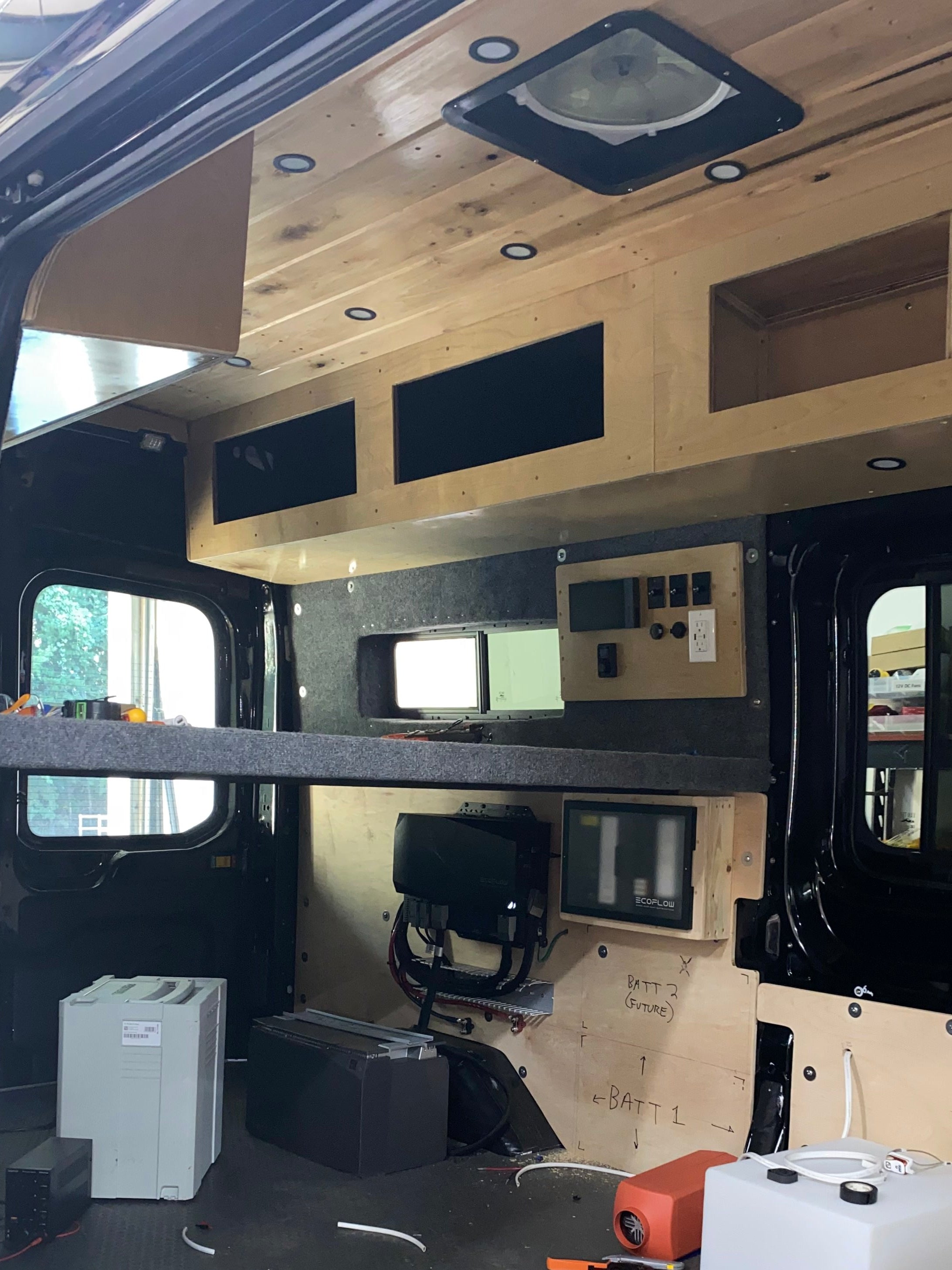 View of camper van interior during construction