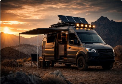 Off-grid adventure van with solar panels and an awning at sunset